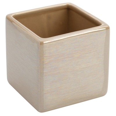 Portaspazzolino In Ceramica Lucida Beige A Forma Di Cubo