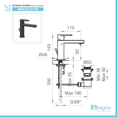 Misure Miscelatore per Lavabo in Ottone Nero