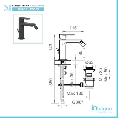 Misure Miscelatore per Bidet in Ottone Nero Opaco