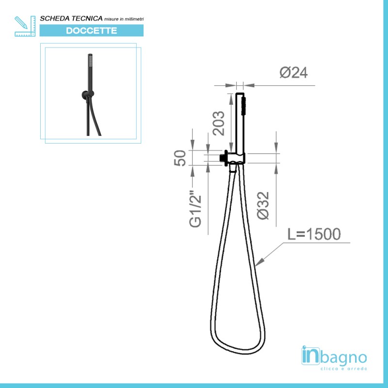 Set Doccia Nero Opaco Doccino Laccio Doccia e Presa Acqua con Supporto