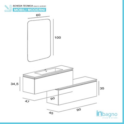 Mobile Bagno Sospeso Tortora L. 90 cm Completo di Specchio Feridras - 5