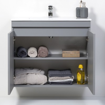 Mobile Sospeso Bagno Moderno 2 Ante Grigio L.80 cm con Specchio Feridras - 7