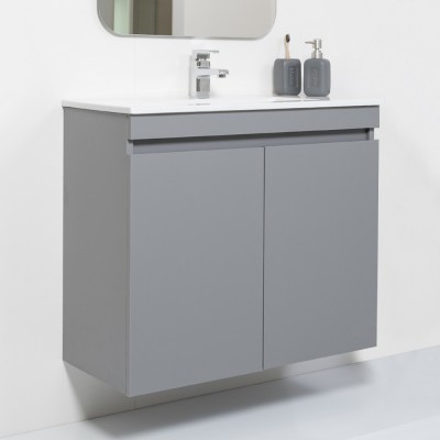 Mobile Sospeso Bagno Moderno 2 Ante Grigio L.80 cm con Specchio Feridras - 8