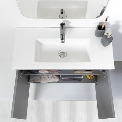 Mobile Sospeso Bagno Moderno 2 Ante Grigio L.80 cm con Specchio Feridras - 9