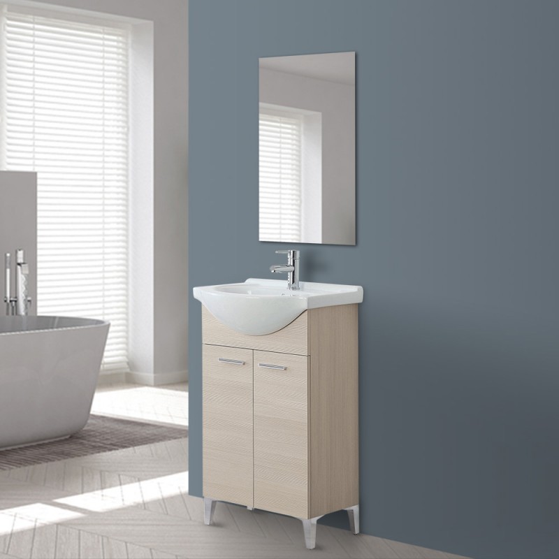 Mobile bagno a terra 55 cm larice completo di lavabo e specchio Desya