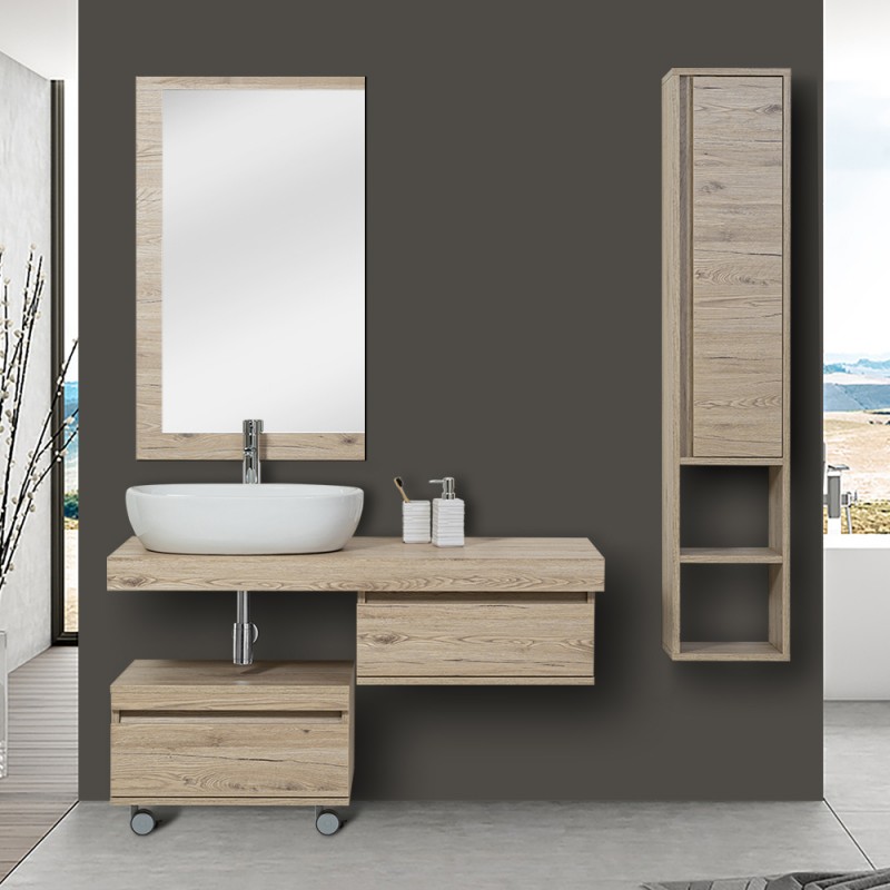 Mensola bagno 120 in Rovere di Bordeaux con staffe lavabo e specchio