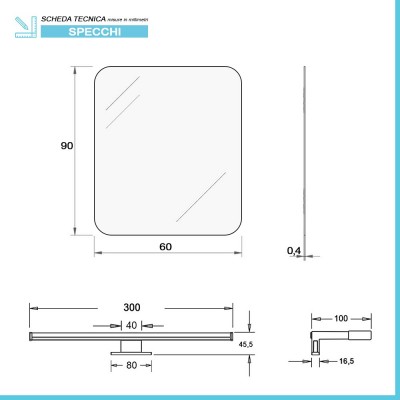 Misure Specchio a LED Reversibile 60x90 cm con Angoli Raggiati Lampada Inclusa