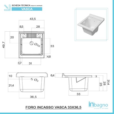 Scheda tecnica Vasca per Lavatoio in Resina Bianco 45x50 cm Rigida