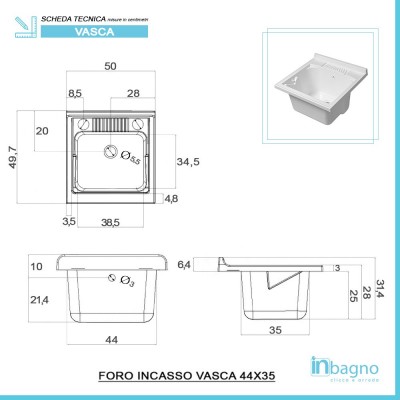 Scheda Tecnica Vasca Lavatoio Resistente e Capiente Bianca 50x50 cm  in Resina