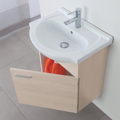 Mobiletto da bagno 56x45 cm 1 anta reversibile larice con lavabo in ceramica e specchio filo lucido
