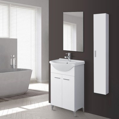 Mobiletto per bagno salvaspazio 56 cm bianco lucido completo di lavamani e specchiera