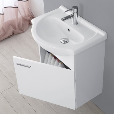 Mobile bagno sospeso 56x45 cm 1 anta reversibile bianco con lavamani in ceramica bianca lucida e specchio filo lucido