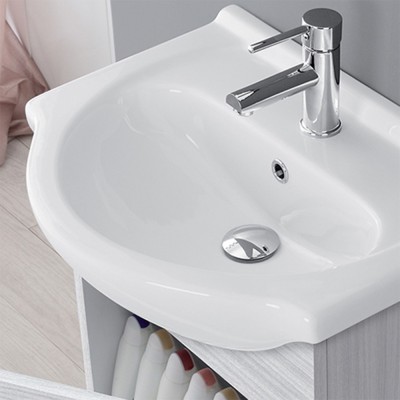 Mobile bagno sospeso 56x45 cm 1 anta reversibile grigio con lavamani in ceramica e specchio da parete